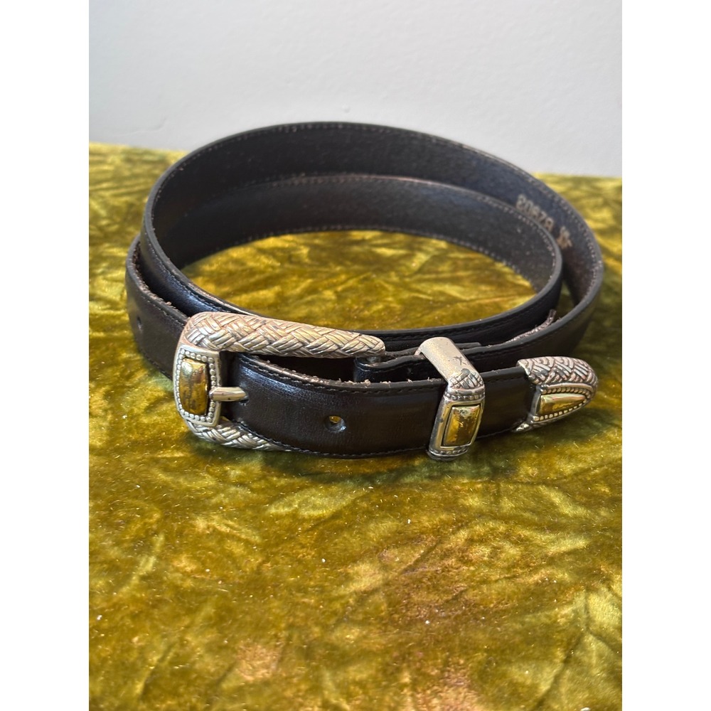Brighton Black Leather‎ Belt Silver Gold Basketweave Three Piece Buckle B2903 XS